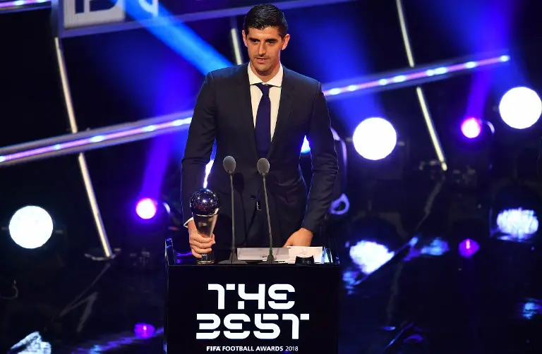 Belgium's goalkeeper Thibaut Courtois speaks after winning the trophy for the Best FIFA goalkeeper of 2018 Award during The Best FIFA Football Awards ceremony, on September 24, 2018 in London. / AFP PHOTO / Ben STANSALL