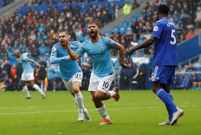 Manchester City's Sergio Aguero celebrates scoring their first goal
