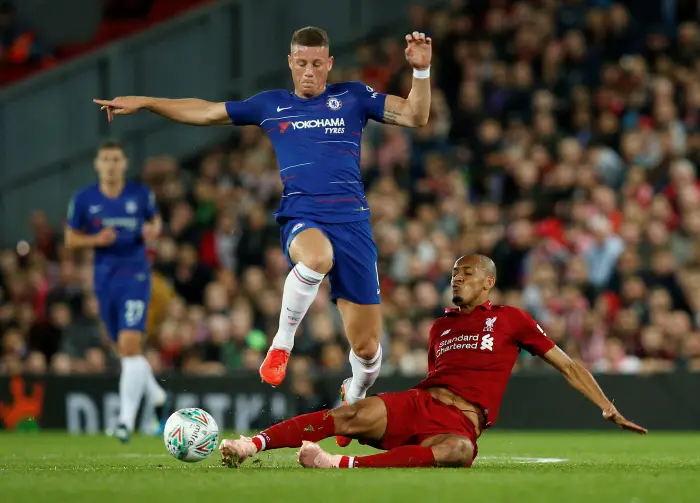 Soccer Football - Carabao Cup - Third Round - Liverpool v Chelsea - Anfield, Liverpool, Britain - September 26, 2018  Chelsea's Ross Barkley in action with Liverpool's Fabinho