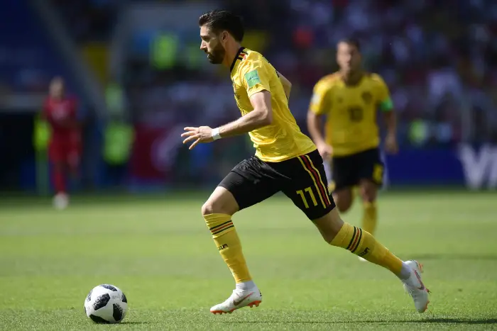MOSCOW, RUSSIA - JUNE 23 : Yannick Carrasco forward of Belgium is attacking during the FIFA 2018 World Cup Russia group G phase match between Belgium and Tunisia at the Spartak Stadium on June 23, 2018 in Moscow, Russia, 23/06/2018