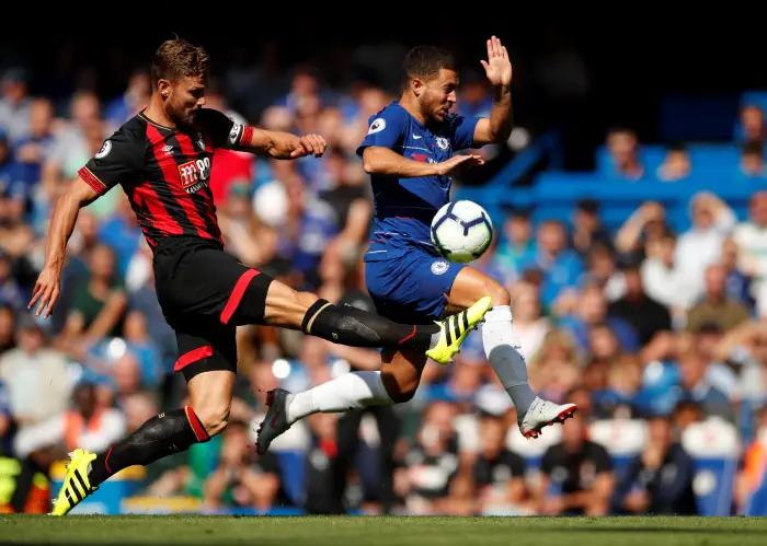 Chelsea's Eden Hazard in action with Bournemouth's Simon Francis