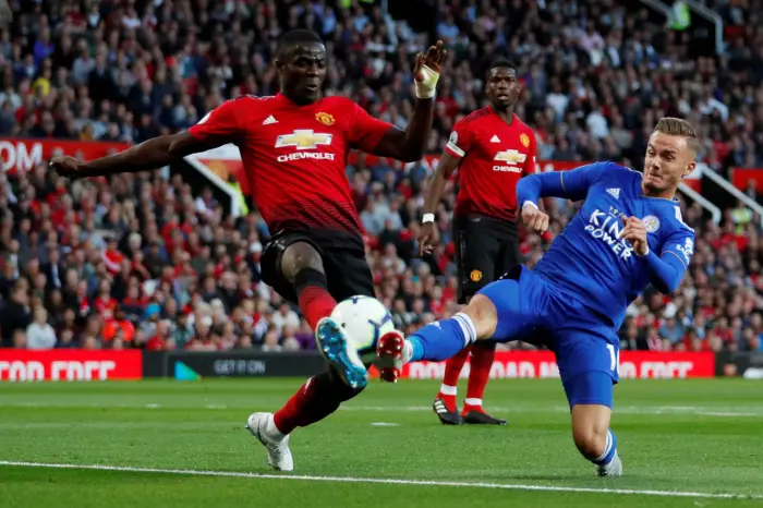 Soccer Football - Premier League - Manchester United v Leicester City - Old Trafford, Manchester, Britain - August 10, 2018  Manchester United's Eric Bailly in action with Leicester City's James Maddison
