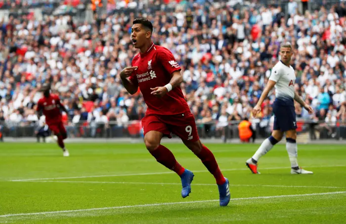 Soccer Football - Premier League - Tottenham Hotspur v Liverpool - Wembley Stadium, London, Britain - September 15, 2018  Liverpool's Roberto Firmino celebrates a goal which is later disallowed for offside