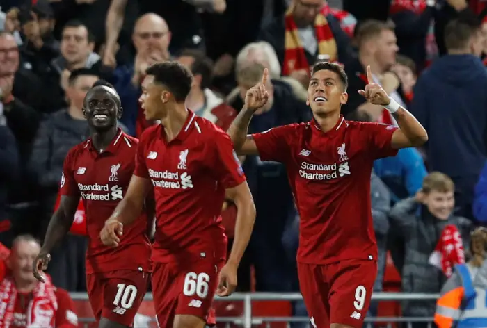 Soccer Football - Champions League - Group Stage - Group C - Liverpool v Paris St Germain - Anfield, Liverpool, Britain - September 18, 2018  Liverpool's Roberto Firmino celebrates scoring their third goal