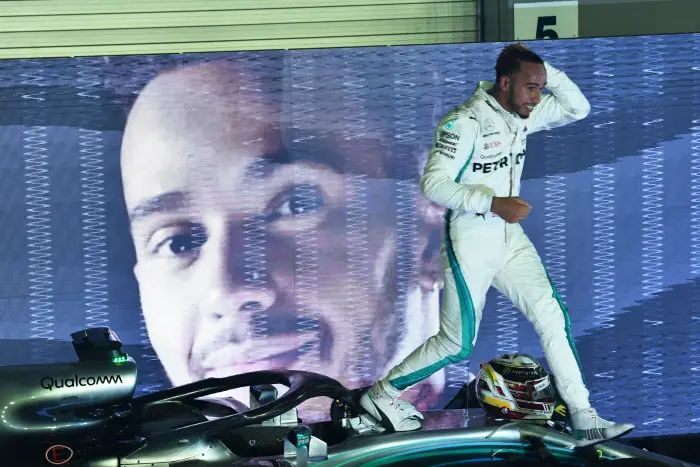 Race winner Lewis Hamilton, Mercedes-AMG F1 W09 EQ Power+ celebrates in parc ferme at Formula One World Championship, Rd15, Singapore Grand Prix, Race, Marina Bay Circuit, Singapore, Sunday 16 September 2018.