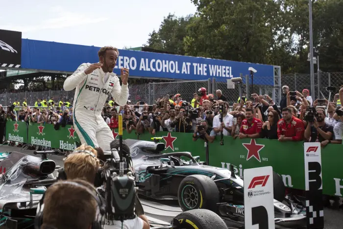 Race winner Lewis Hamilton, Mercedes AMG F1 W09 celebrates in parc ferme at Formula One World Championship, Rd14, Italian Grand Prix, Race, Monza, Italy, Sunday 2 September 2018.