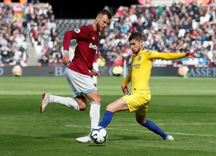 West Ham's Andriy Yarmolenko in action with Chelsea's Jorginho