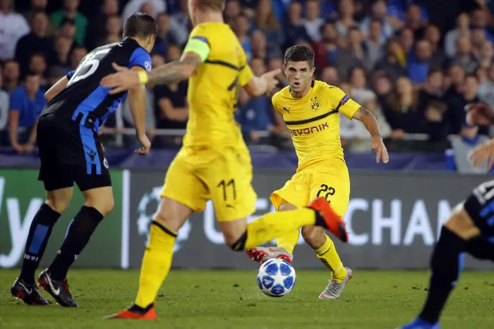 BRUGGE, BELGIUM - SEPTEMBER 18 : Christian Pulisic midfielder of Borussia Dortmund pictured during the UEFA Champions League Group A stage match between Club Brugge and Borussia Dortmund at the Jan Breydel stadium on September 18, 2018 in Brugge, Belgium , 18/09/2018