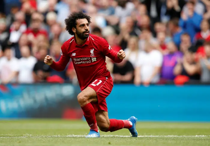 Soccer Football - Premier League - Liverpool v West Ham United - Anfield, Liverpool, Britain - August 12, 2018   Liverpool's Mohamed Salah celebrates scoring their first goal