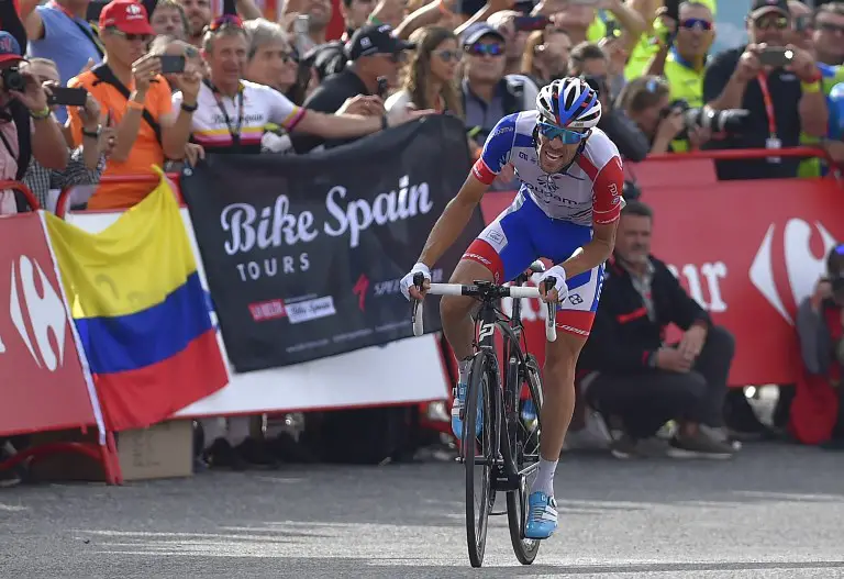 Groupama-FDJ's French cyclist Thibaut Pinot races to win the 19th stage of the 73rd edition of "La Vuelta" Tour of Spain cycling race, a 154.4 km flat route from Lleida to La Rabassa in Andorra, on September 14, 2018. (Photo by ANDER GILLENEA / AFP)