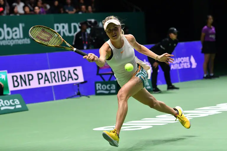 Ukraine's Elina Svitolina returns the ball  against Czech Republic's Petra Kvitova during their women's singles match at the WTA Finals tennis tournament in Singapore on October 21, 2018. (Photo by Roslan RAHMAN / AFP)