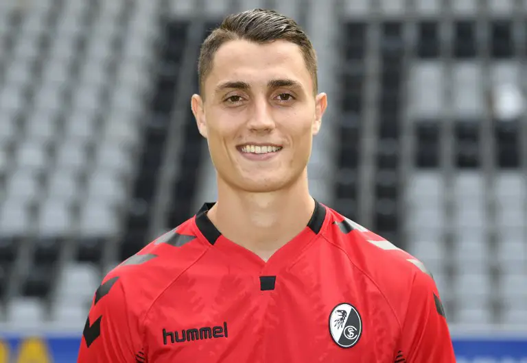 SC Freiburg's Swiss midfielder Vincent Sierro poses during a team presentation of the German first division Bundesliga football team SC Freiburg in Freiburg, southwestern Germany, on August 1, 2017.     / AFP PHOTO / THOMAS KIENZLE