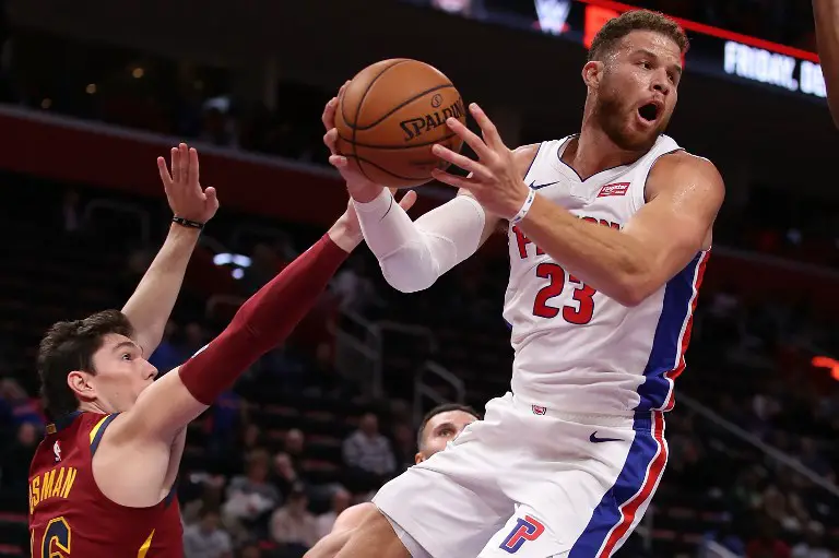 DETROIT, MI - OCTOBER 25: Blake Griffin #23 of the Detroit Pistons looks for a open teammate while next to Cedi Osman #16 of the Cleveland Cavaliers during the second half at Little Caesars Arena on October 25, 2018 in Detroit, Michigan. Detroit won the game 110-103. NOTE TO USER: User expressly acknowledges and agrees that, by downloading and or using this photograph, User is consenting to the terms and conditions of the Getty Images License Agreement.   Gregory Shamus/Getty Images/AFP