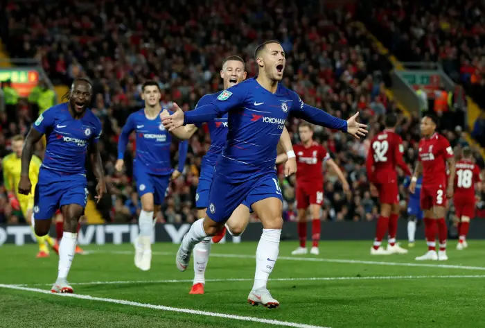Soccer Football - Carabao Cup - Third Round - Liverpool v Chelsea - Anfield, Liverpool, Britain - September 26, 2018  Chelsea's Eden Hazard celebrates scoring their second goal