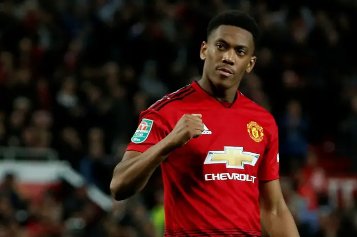 Soccer Football - Carabao Cup - Third Round - Manchester United v Derby County - Old Trafford, Manchester, Britain - September 25, 2018  Manchester United's Anthony Martial celebrates after scoring a penalty during the shootout