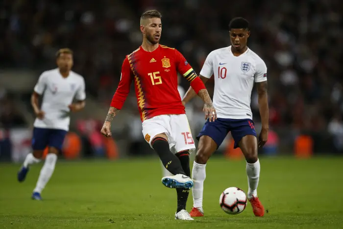 Sergio Ramos of Spain and Marcus Rashford of England during the UEFA Nations League League A Group 4 match between England and Spain at Wembley Stadium on September 8th 2018 in London, England.