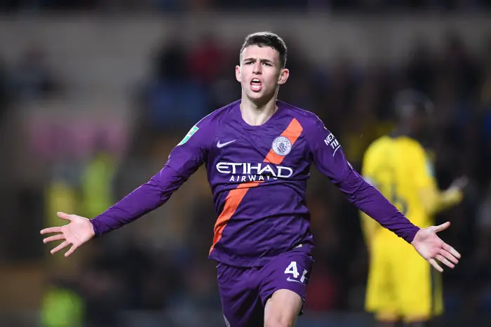 25th September 2018, Kassam Stadium, Oxford, England; Carabao Cup football, third round, Oxford United versus Manchester City; Phil Foden of Manchester City celebrates scoring their third goal in the 90th minute 3-0