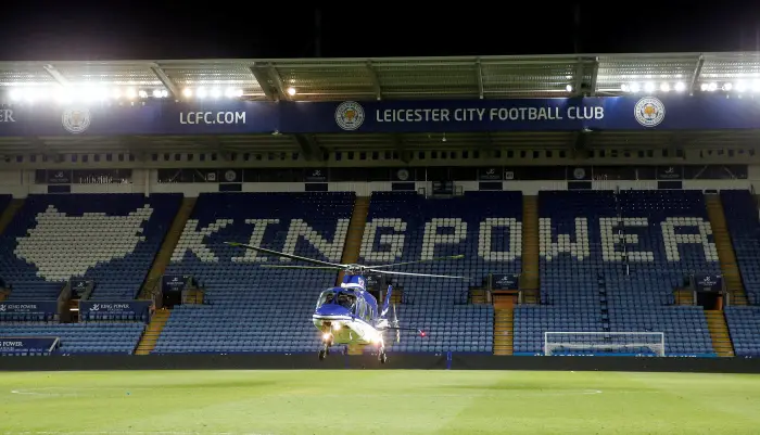 FILE PHOTO: Football - Leicester City v Chelsea - Barclays Premier League - King Power Stadium - April 29, 2015 A helicopter lands in the stadium after the match Action