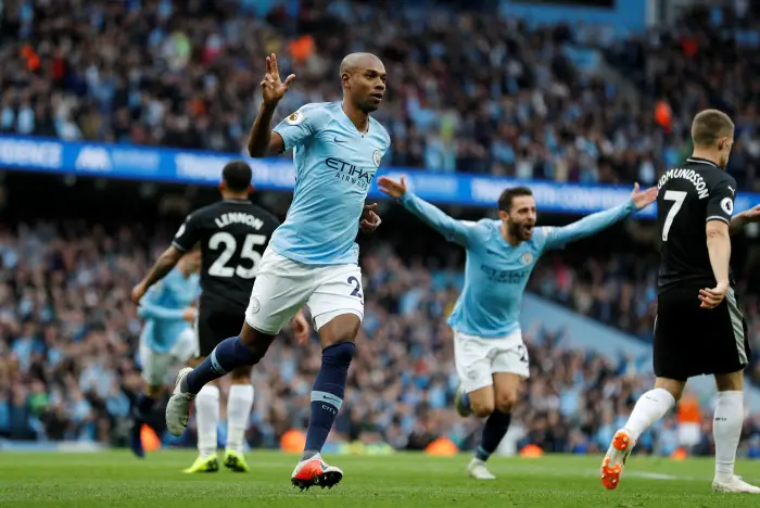 Manchester City's Fernandinho celebrates scoring their third goal