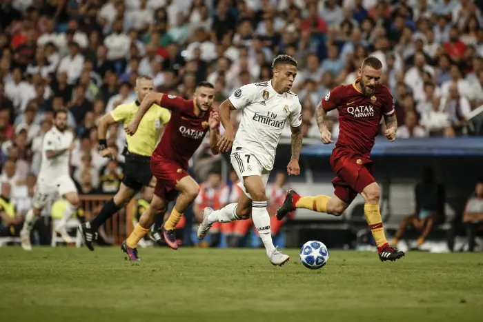 Mariano Diaz (Real Madrid)  drives forward on the ball   UCL Champions League match between Real Madrid vs Roma at the Santiago Bernabeu stadium in Madrid, Spain, September 19, 2018 .