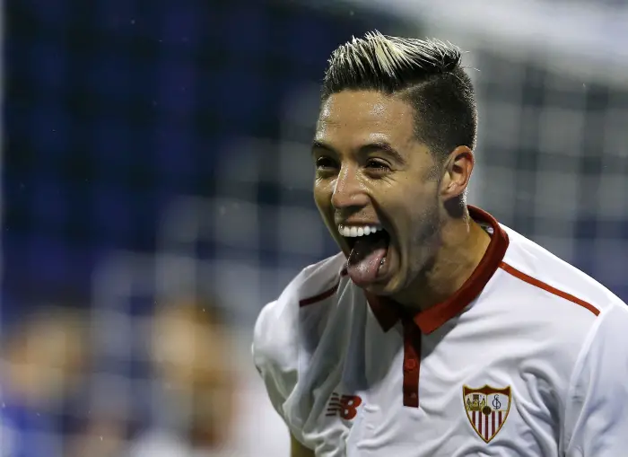Sevilla's Samir Nasri celebrates scoring a goal.