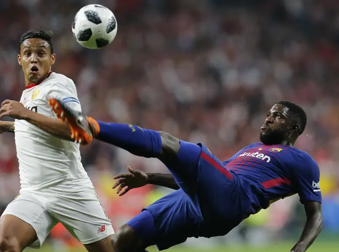 Samuel Umtiti and Luis Muriel during Sevilla vs Barcelona  Spanish King's Cup final on April 21, 2018 at  in Madrid, Spain.