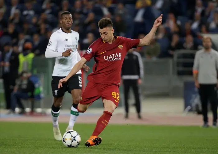 Roma's Stephan El Shaarawy shoots against the post