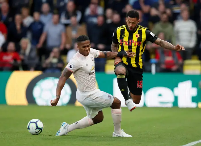 Soccer Football - Premier League - Watford v Manchester United - Vicarage Road, Watford, Britain - September 15, 2018  Watford's Andre Gray in action with Manchester United's Antonio Valencia