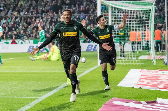 picture shows Goal to 0 3 Alassane Plea Moenchengladbach 14 cheers his third goal Hattrick to 0 3 in the gam