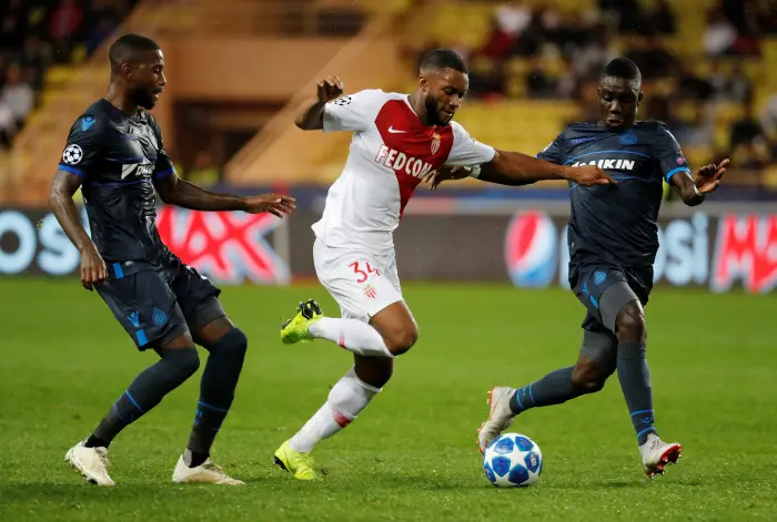 AS Monaco's Moussa Sylla in action with Club Brugge's Marvelous Nakamba and Stefano Denswil