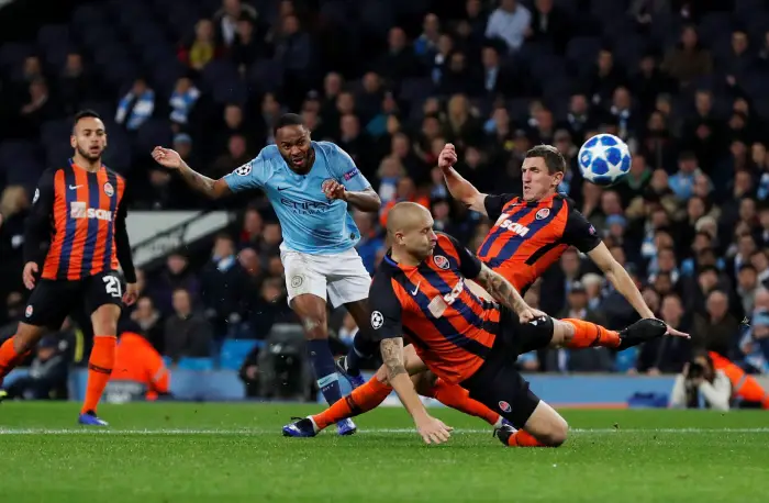 Soccer Football - Champions League - Group Stage - Group F - Manchester City v Shakhtar Donetsk - Etihad Stadium, Manchester, Britain - November 7, 2018  Manchester City's Raheem Sterling scores their third goal