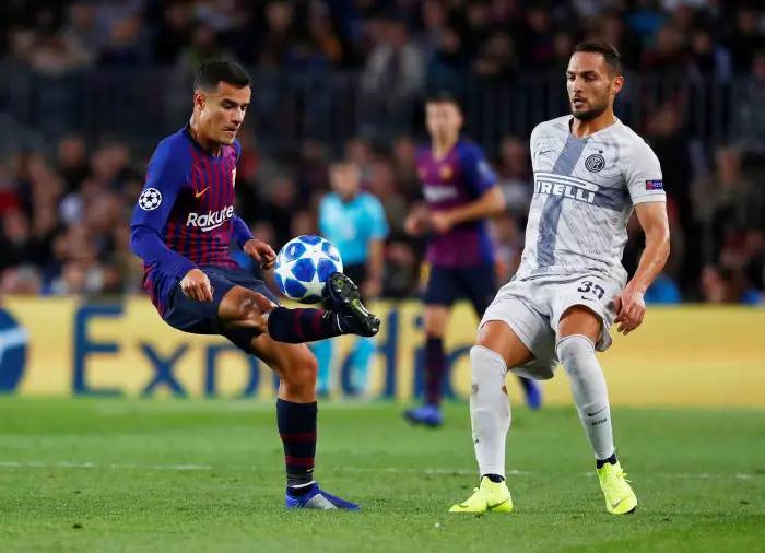 Barcelona's Philippe Coutinho in action with Inter Milan's Danilo D'Ambrosio