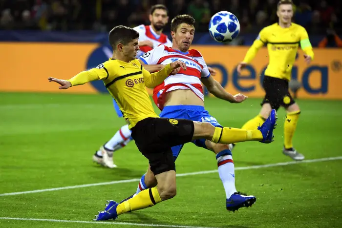 DORTMUND, GERMANY - NOVEMBER 28 : Marco Reus midfielder of Borussia Dortmund, Brandon Mechele defender of Club Brugge during the UEFA Champions League group A match between Borussia Dortmund and Club Brugge KV on November 28, 2018 in Dortmund, Germany, 28/11/2018 (