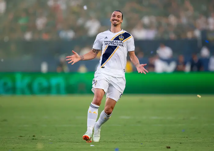 July 29, 2018 - Carson, California, U.S - Zlatan Ibrahimovic #9 of the LA Galaxy celebrates a goal during their game with the Orlando City on Sunday July 29, 2018 at StubHub Center in Carson, California. LA Galaxy defeats Orlando City, 4-3.