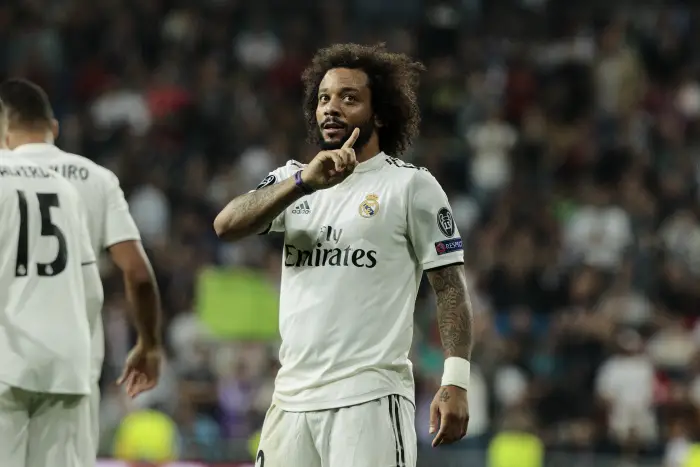 Real Madrid's Marcelo Vieira celebrates goal during UEFA Champions League match between Real Madrid and FC Viktoria Plzen at Santiago Bernabeu Stadium in Madrid, Spain. October 23, 2018