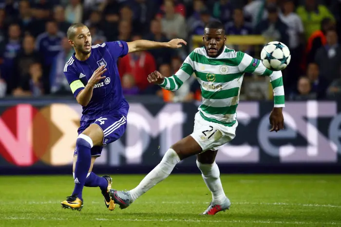 ANDERLECHT, BELGIUM - SEPTEMBER 27 : Sofiane Hanni midfielder of RSC Anderlecht and Olivier Ntcham midfielder of Celtic FC  during the Champions League Group B  match between RSC Anderlecht and Celtic FC on September 27, 2017 in Anderlecht, Belgium, 27/09/2017