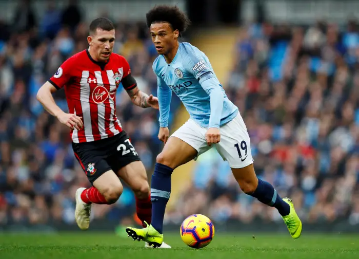 Manchester City's Leroy Sane in action with Southampton's Pierre-Emile Hojbjerg