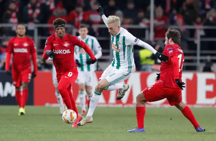 Soccer Football - Europa League - Group Stage - Group G - Spartak Moscow v Rapid Vienna - Spartak Stadium, Moscow, Russia - November 29, 2018  Rapid Wien's Christoph Knasmullner in action with Spartak Moscow's Georgi Dzhikiya