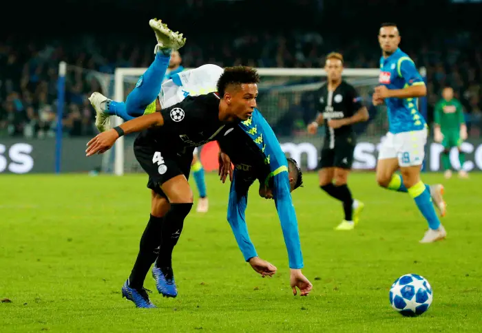 Paris St Germain's Thilo Kehrer in action with Napoli's Jose Callejon