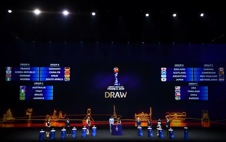 Monitors show teams groups after the final draw of the 2019 FIFA Women World cup football tournament in Boulogne-Billancourt, near Paris, on December 8, 2018. (Photo by FRANCK FIFE / AFP)