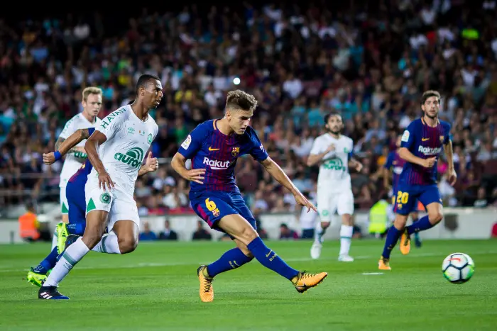 August 7th 2017, Camp Nou, Barcelona, Spain; 2017 Joan Gamper Trophy; FC Barcelona versus Chapecoense; Denis Suarez of FC Barcelona shoots and scores the goal for 5-0