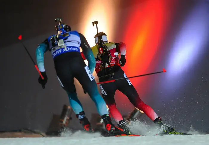 From left MARTIN FOURCADE of France and  JOHANNES THINGNES BO of Norway compete during the men's 10 kilometre sprint in the biathlon World Cup race in Nove Mesto na Morave, Czech Republic, December 20, 2018.