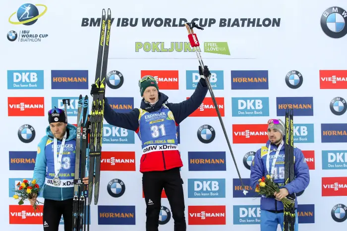 Podium :  Antonin Guigonnat (FRA), the rejoicing of Johannes Thingnes Boe (NOR) and Alexander Loginov (RUS)