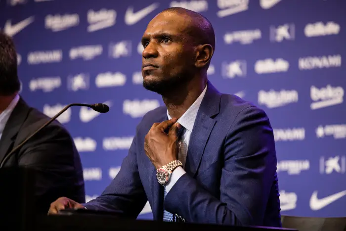 Eric Abidal during the presentation of Arthur Melo from Brasil after being the first new signing for FC Barcelona  2018/2019 La Liga team in Camp Nou Stadiu, Barcelona on 11 of July of 2018.