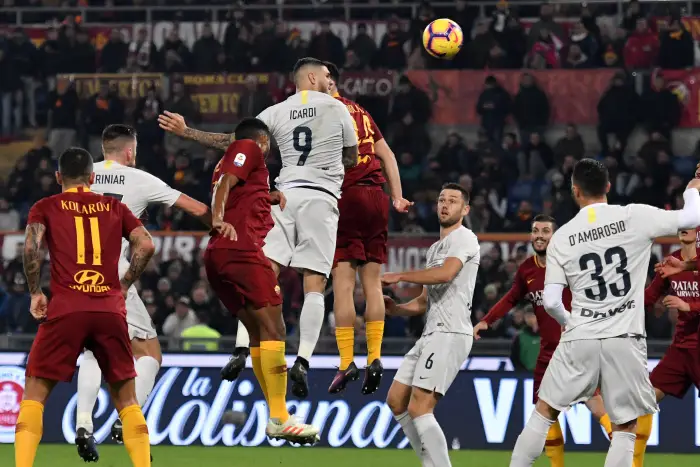 Mauro Icardi of Internazionale scores goal of 1-2 during the Serie A 2018/2019 football match between AS Roma and FC Internazionale at stadio Olimpico, Roma, December, 2, 2018