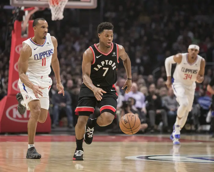 December 11, 2018 - Los Angeles, California, United States of America - Kyle Lowry #7 of the Toronto Raptors drives down court against the Los Angeles Clippers during their NBA game on Tuesday December 11, 2018 at the Staples Center in Los Angeles, California. Clippers lose to Raptors, 123-99.
