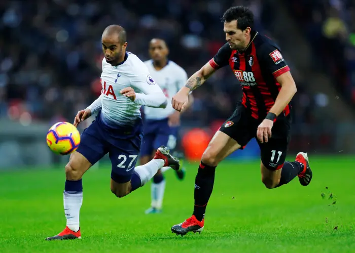 Soccer Football - Premier League - Tottenham Hotspur v AFC Bournemouth - Wembley Stadium, London, Britain - December 26, 2018  Tottenham's Lucas Moura in action with Bournemouth's Charlie Daniels