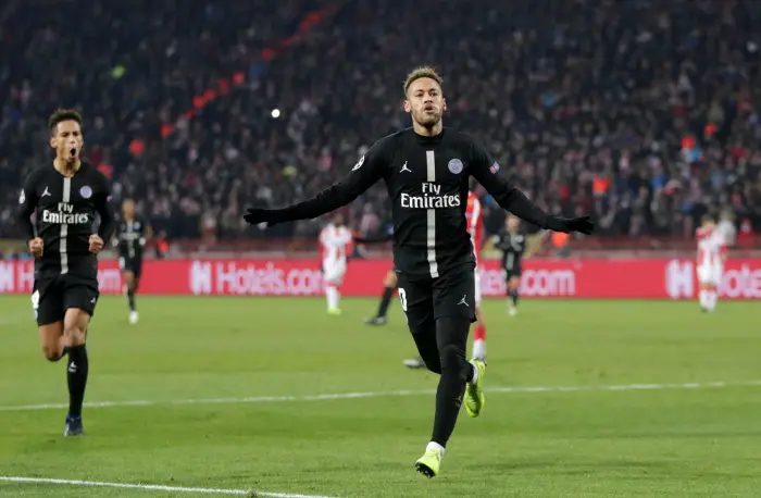 Paris St Germain's Neymar celebrates scoring their second goal