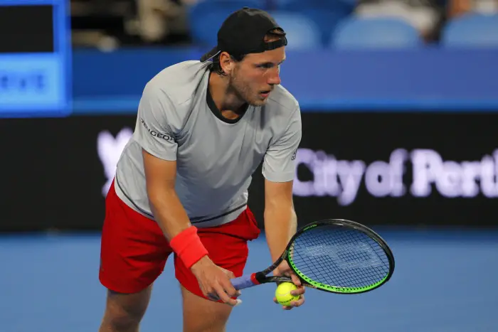 29th December 2018, RAC Arena, Perth, Australia; Hopman Cup Tennis, sponsored by Mastercard; Lucas Pouille of Team France prepares to serve to Matt Ebden of Team Australia