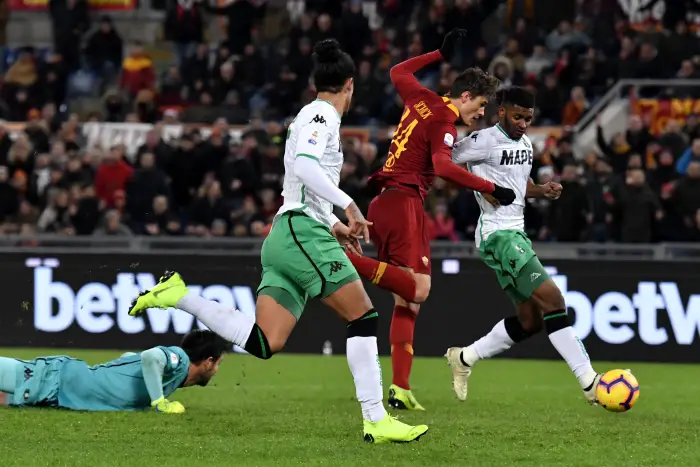 Patrik Schick of AS Roma scores second goal for his side during the Serie A 2018/2019 football match between AS Roma and Sassuolo at stadio Olimpico, Roma, December, 26, 2018